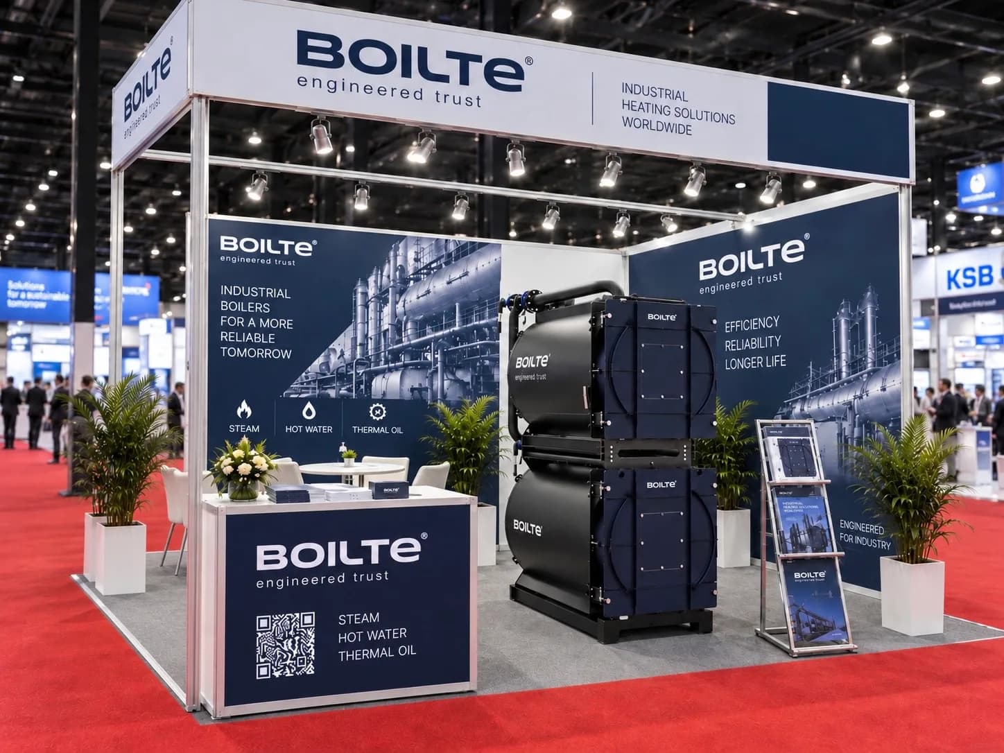 Boilte stand at HVACR World Dubai 2025: boilers, reception desk and the Dubai World Trade Centre hall