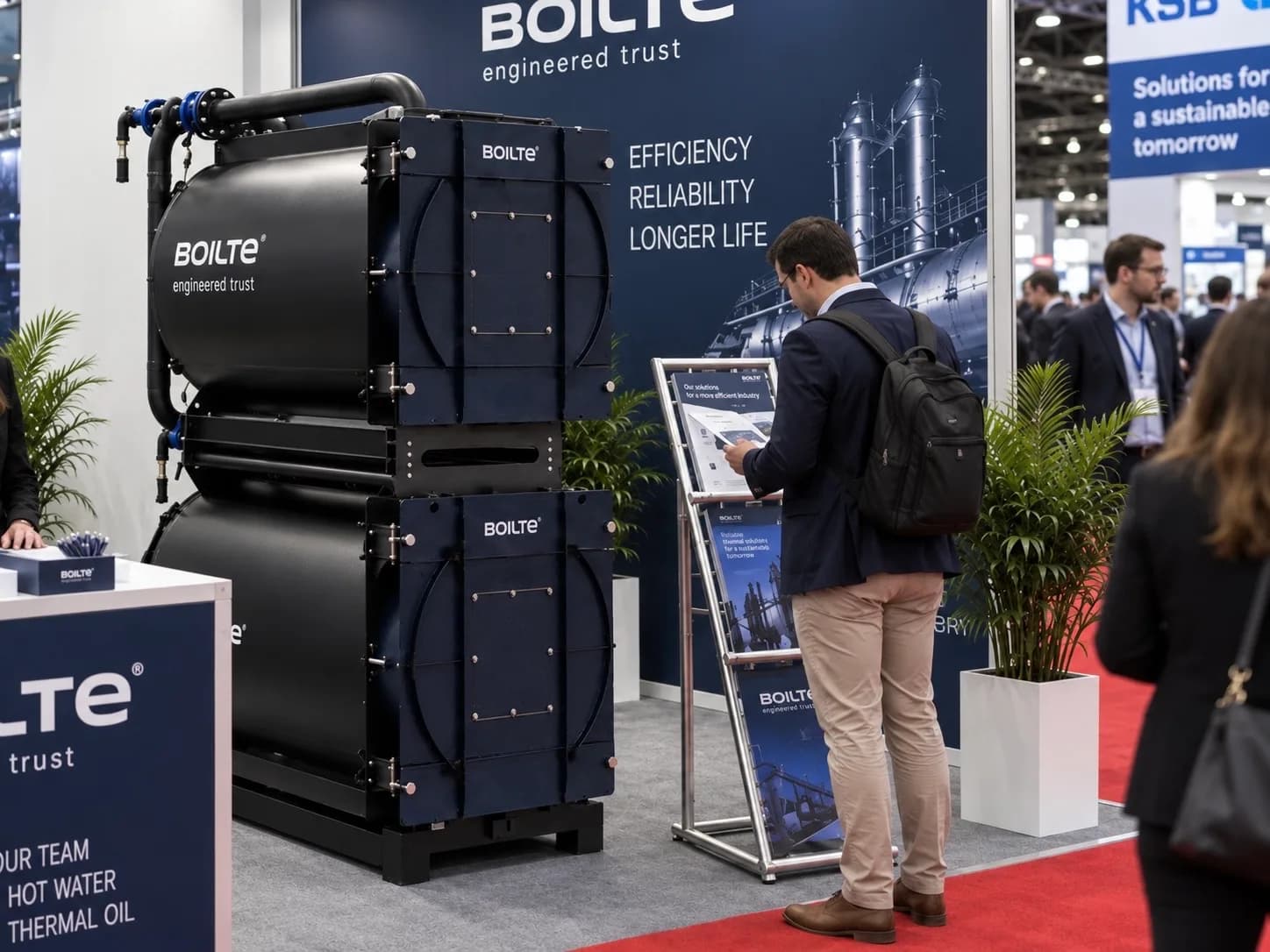 A visitor reading a Boilte catalogue beside the boilers at the Dubai stand