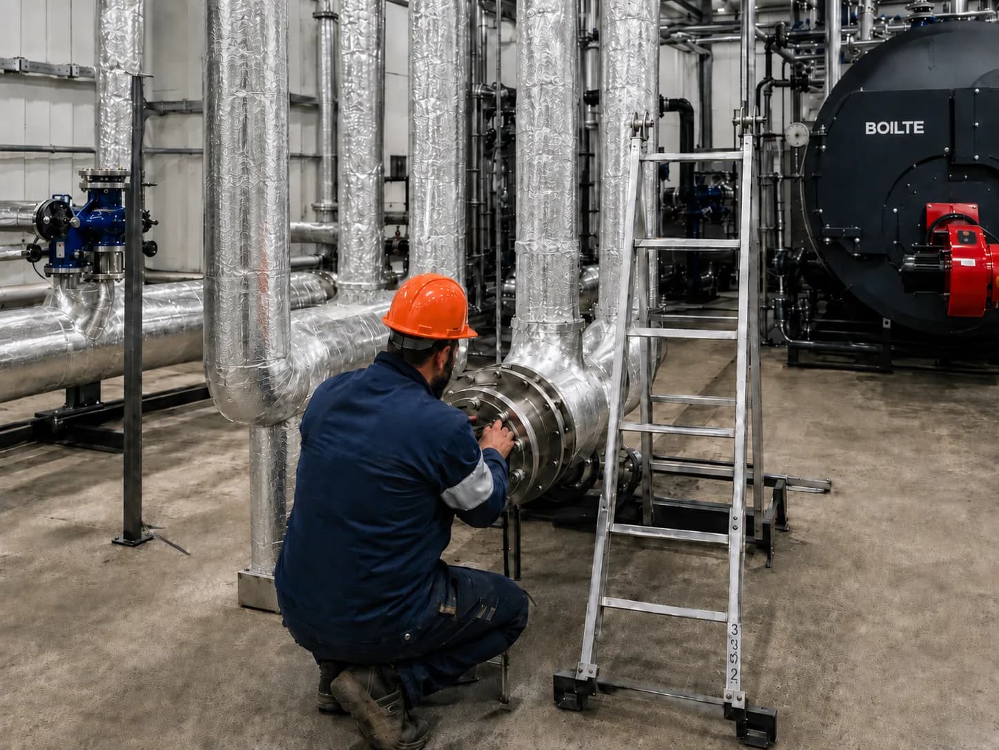 Fitter assembling a pipe run in the plant room