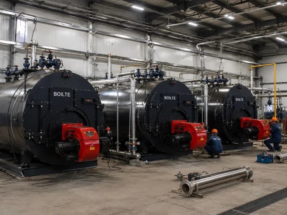 Crew working around the boilers in the machine hall