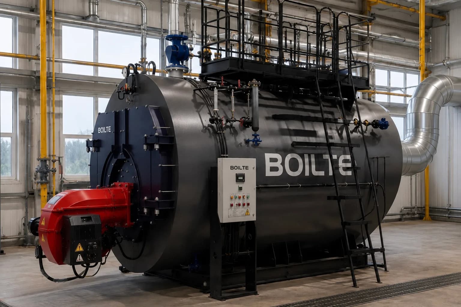 Boiler with a service ladder and insulated flue