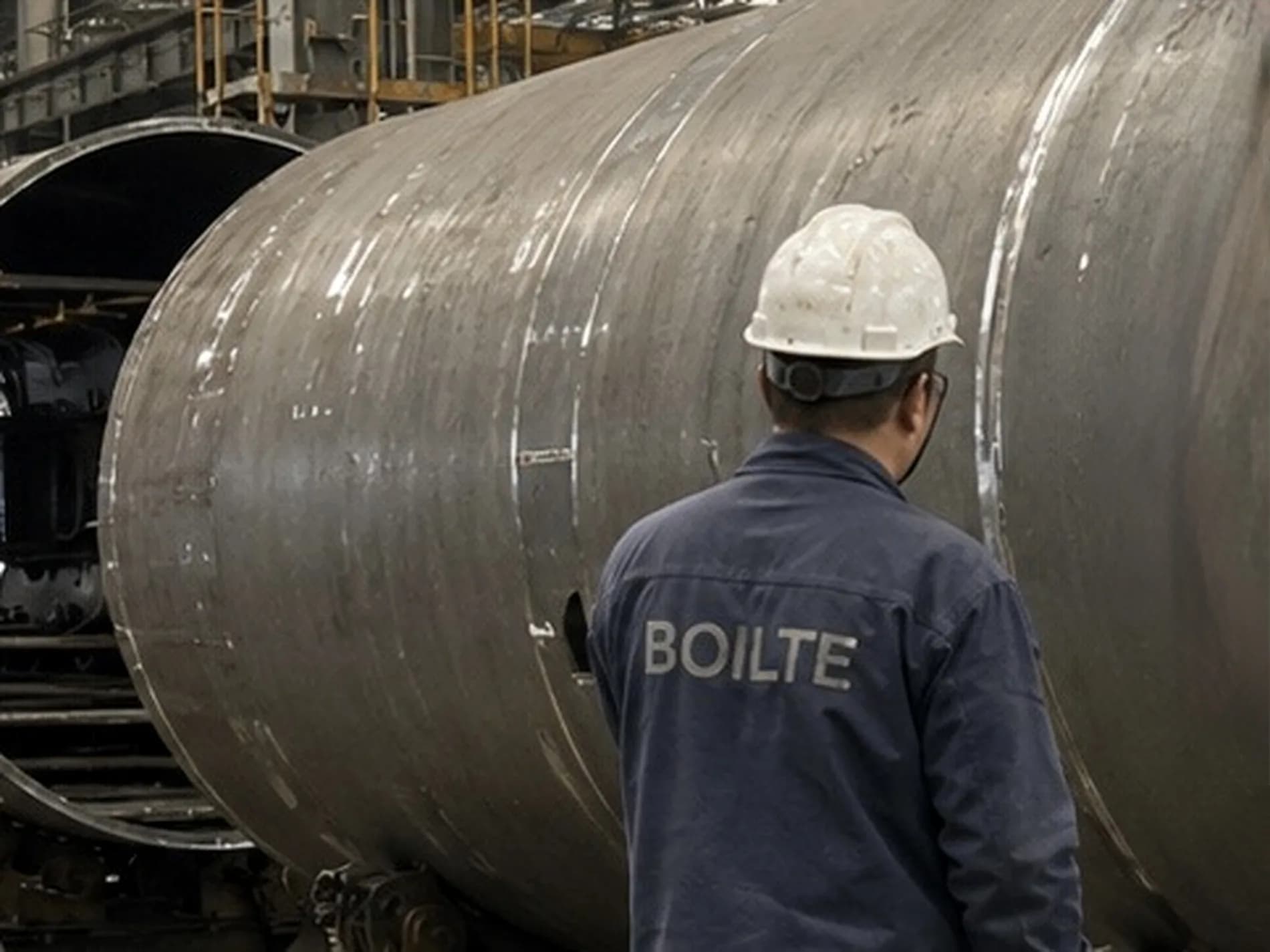 Worker beside a boiler shell, showing its scale