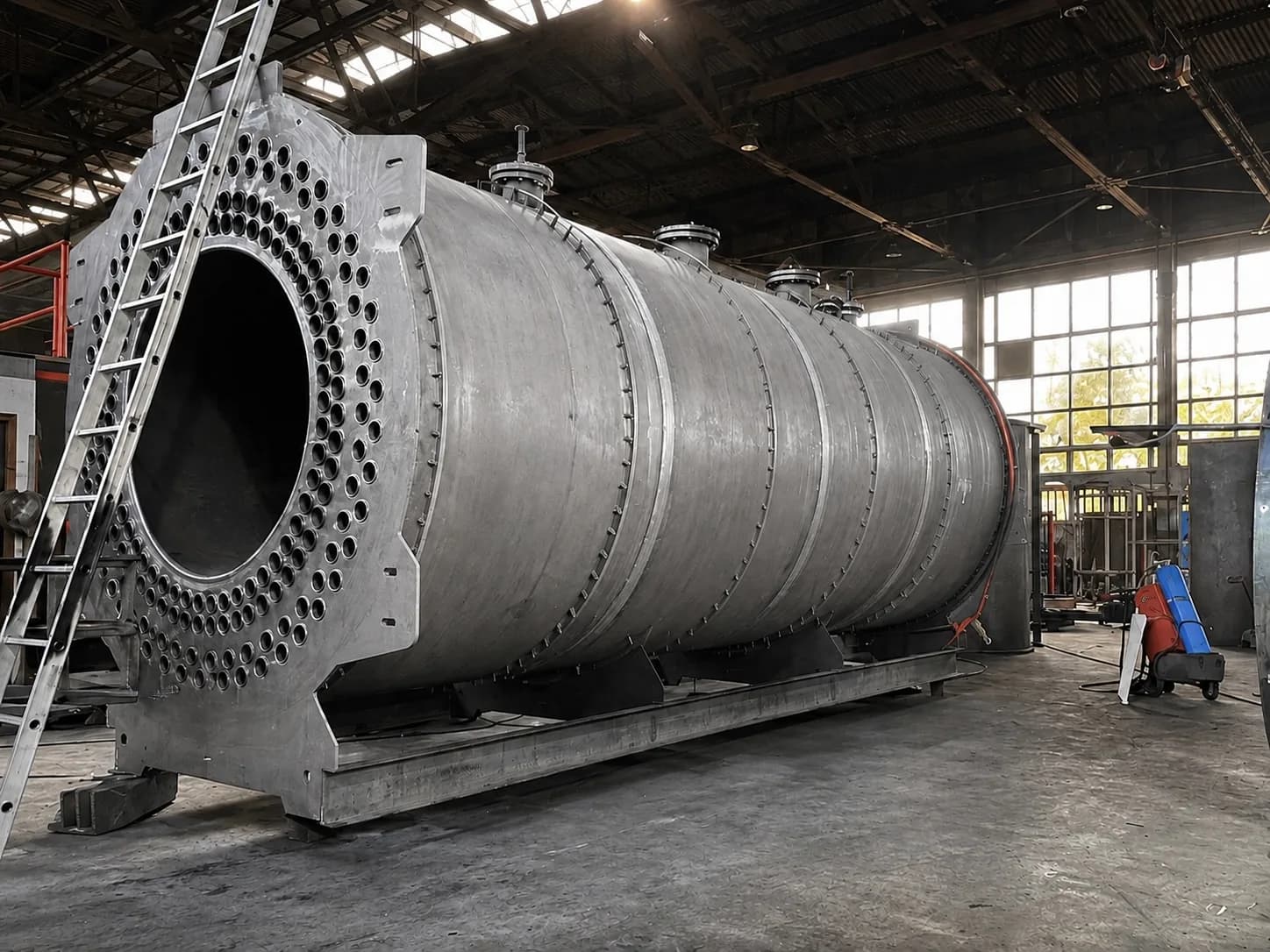 Boiler shell with its tube sheet before piping