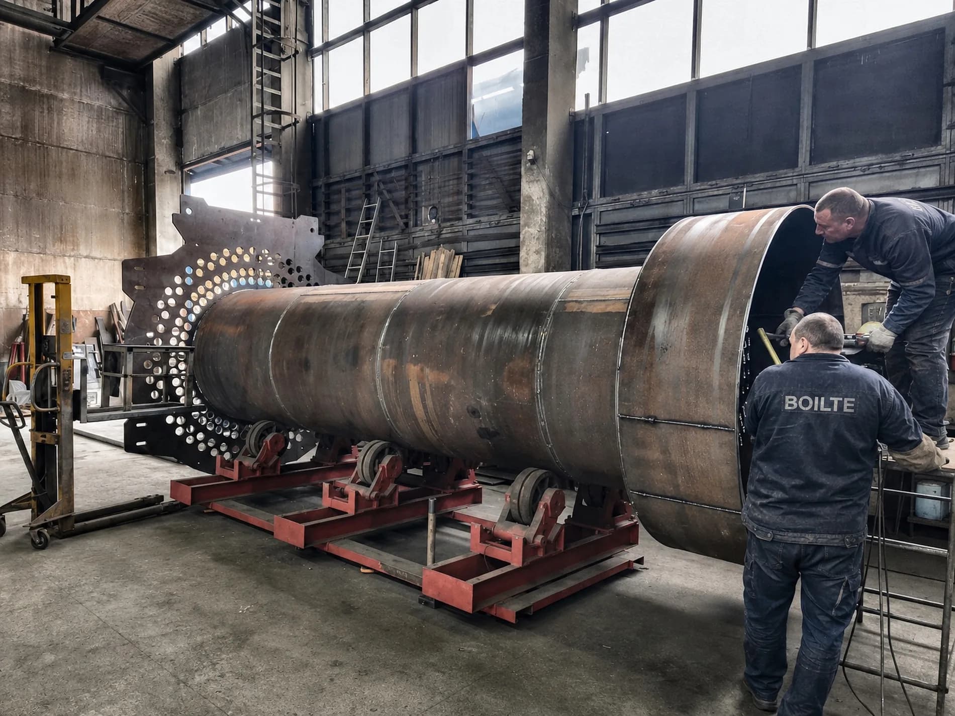 Team assembling a shell course on turning rolls