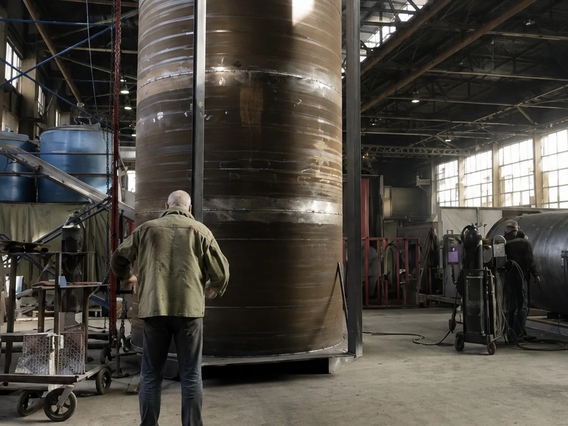 Vertical shell under assembly with a worker alongside