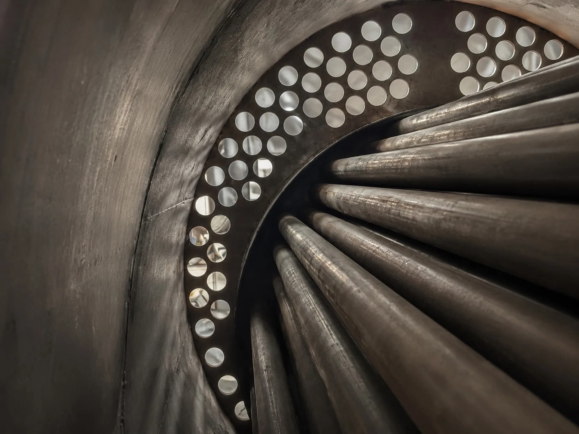 Tube bundle and tube sheet seen from inside the boiler