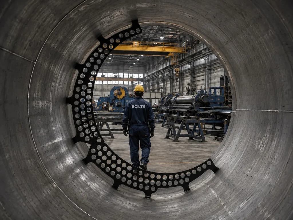 Worker in the shop seen through a shell course and tube sheet