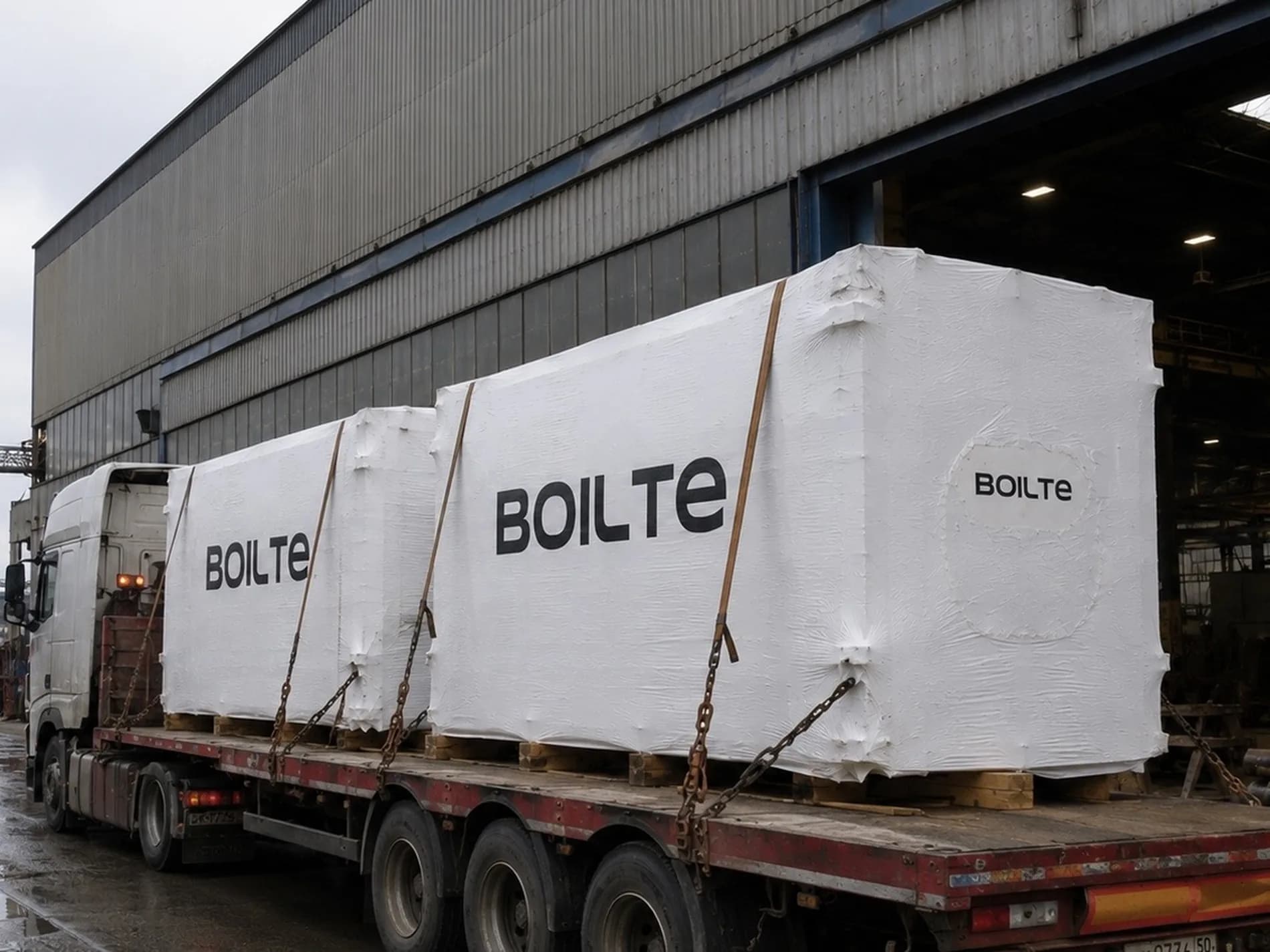 Two boilers lashed to the trailer deck