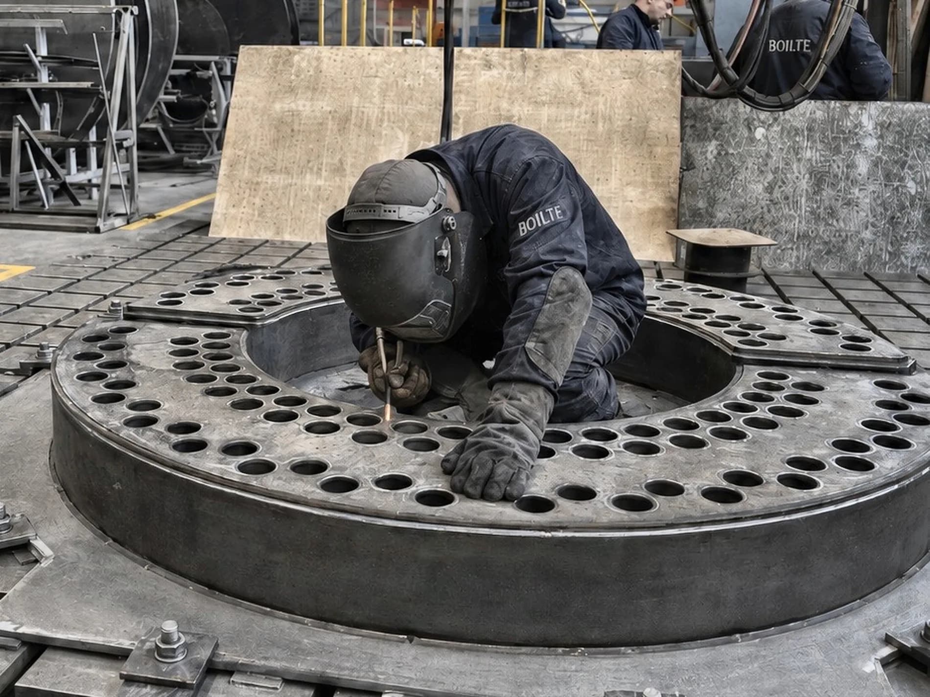Welder sealing tubes into the tube sheet