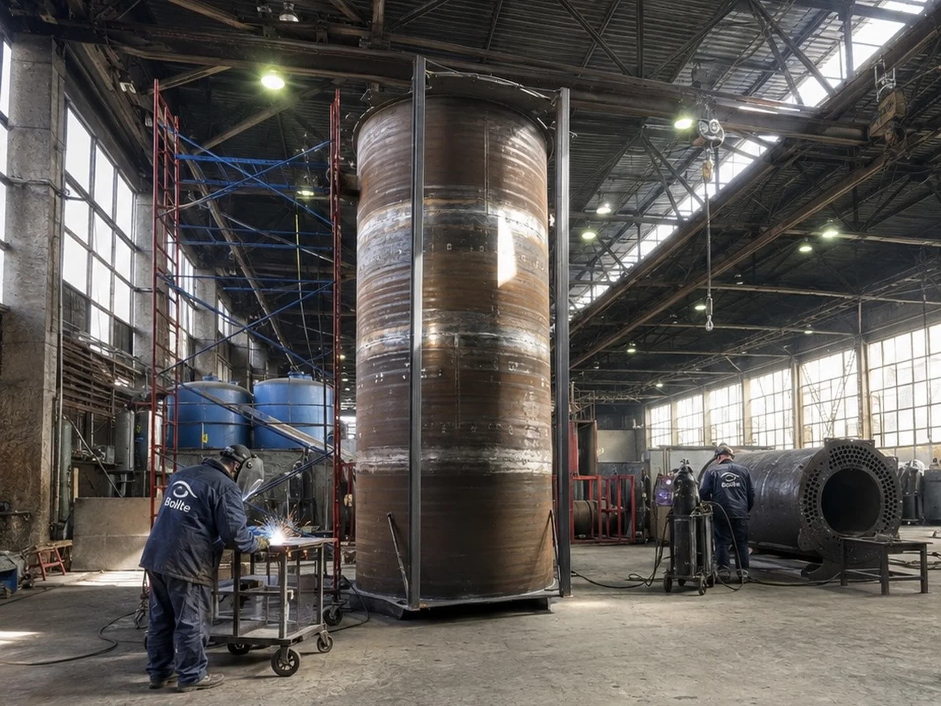 Vertical shell in the shop with a welding station in the foreground