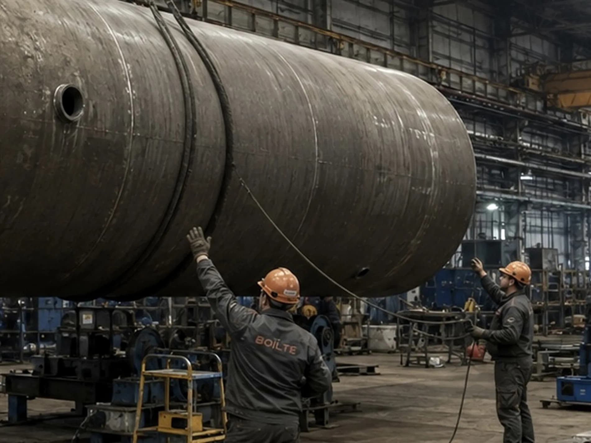 Team working around a large boiler shell