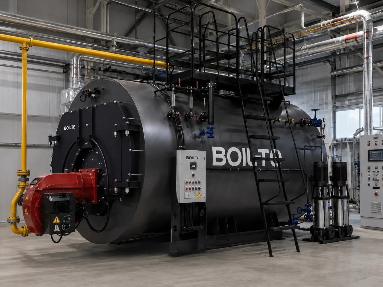 Boiler, pump set and control cabinet in the same hall