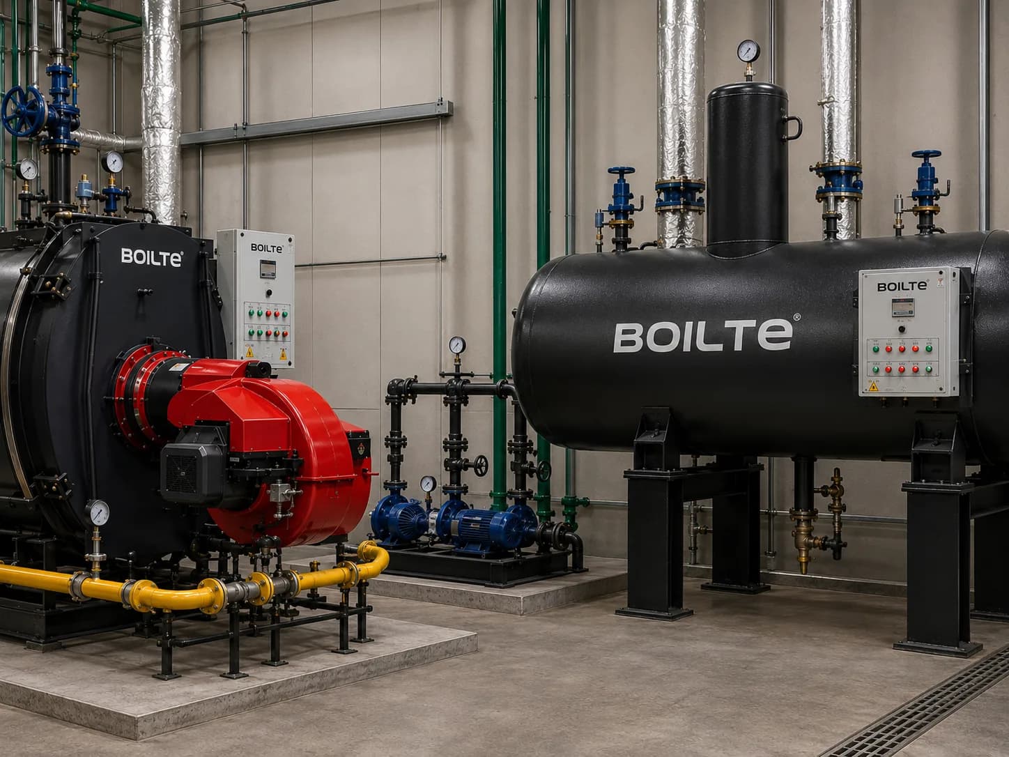 Boiler, a piped-up tank and pumps in the plant room