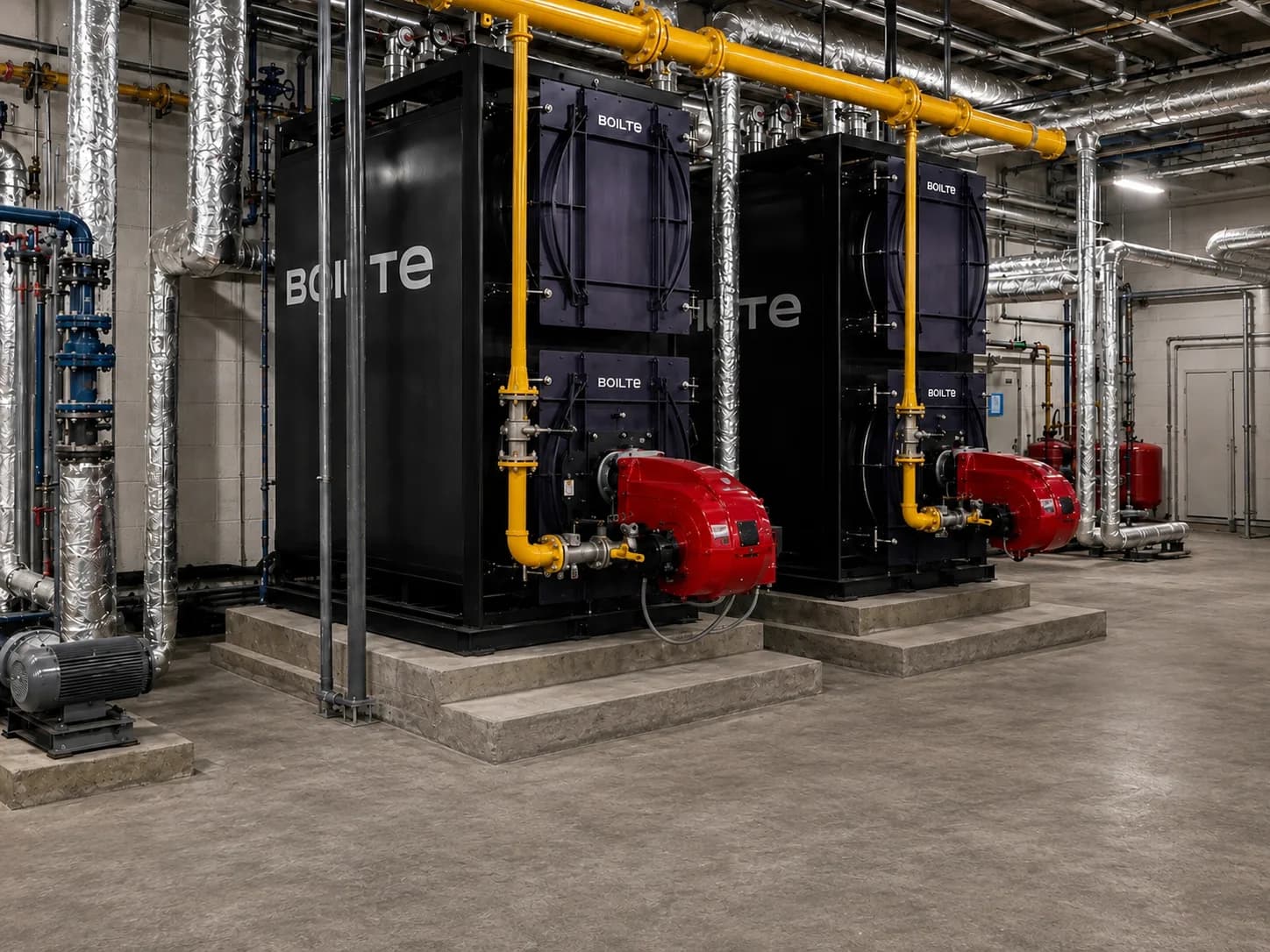 Boilers and insulated pipework in the plant room